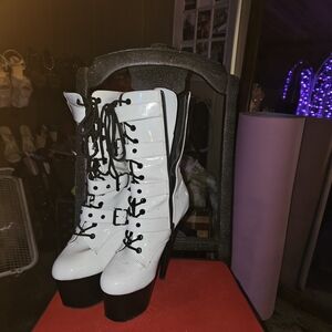 *Not For Sale* Pleaser White Patent Lace-Up Heeled Boots